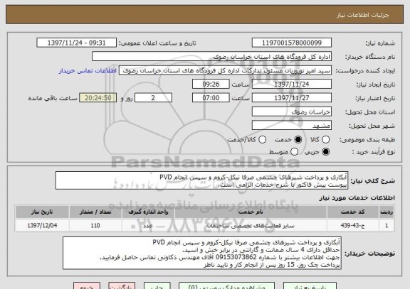 استعلام آبکاری و پرداخت شیرهای چشمی صرفا نیکل-کروم و سپس انجام PVD 
پیوست پیش فاکتور با شرح خدمات الزامی است.