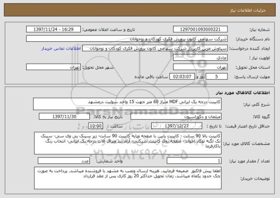 استعلام کابینت درجه یک ایرانی MDF متراژ 60 متر جهت 15 واحد سوئیت درمشهد