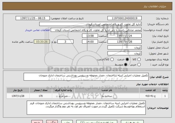 استعلام تکمیل عملیات اجرایی ابنیه ساختمان ،حصار ،محوطه وسرویس بهداشتی ساختمان اداری منوجان 