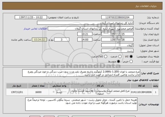 استعلام مرغ منجمد با اوزان 1.500 تا2.000 کیلوگرم باتاریخ مصرف بلند مدت بدون ضرب دیدگی و خون مردگی ومرغ مادر نباشد وتامین کننده استانی در الویت می باشد