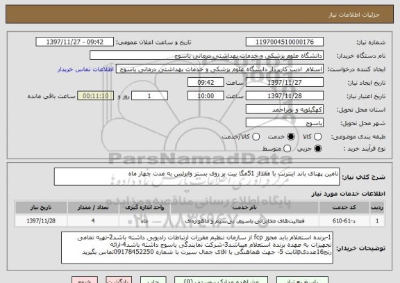 استعلام تامین پهنای باند اینترنت با مقدار 51مگا بیت بر روی بستر وایرلس به مدت چهار ماه