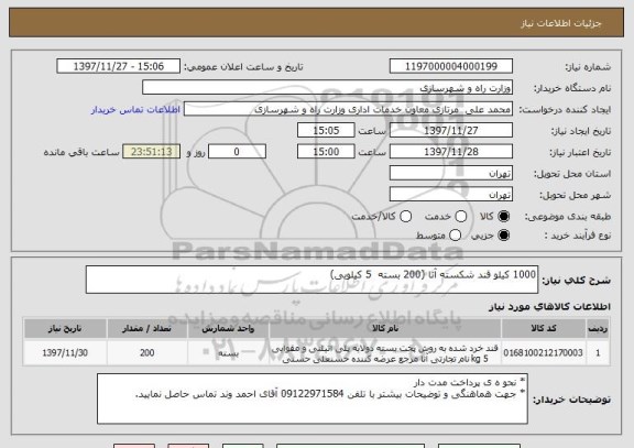 استعلام 1000 کیلو قند شکسته آنا (200 بسته  5 کیلویی)