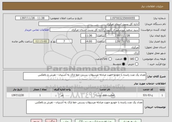 استعلام تعداد یک عدد راننده با خودرو جهت مبادله مرسولات پستی خط اراک به آشتیان - تفرش و بالعکس