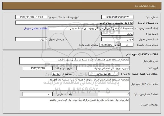 استعلام کتابخانه ایستاده طبق مشخصات اعلام شده در برگ پیشنهاد قیمت