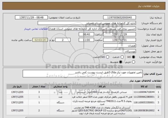 استعلام تامین تجهیزات مورد نیاز ملاک (طبق لیست پیوست )می باشد 