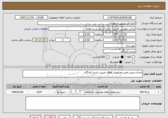 استعلام احداث زمین چمن مصنوعی هوفل غربی دشت ازادگان