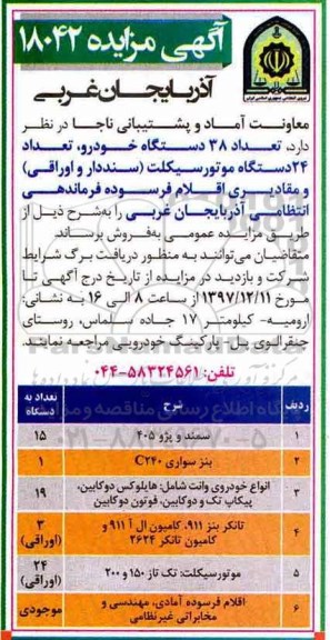 آگهی مزایده, مزایده تعداد 38 دستگاه خودرو، تعداد 24 دستگاه موتورسیکلت...