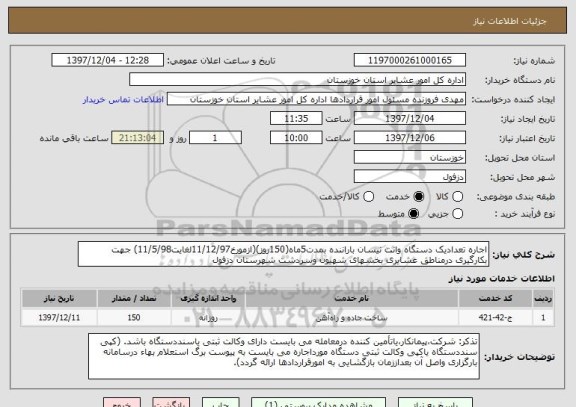 استعلام اجاره تعدادیک دستگاه وانت نیسان باراننده بمدت5ماه(150روز)(ازمورخ11/12/97لغایت11/5/98) جهت بکارگیری درمناطق عشایری بخشهای شهیون وسردشت شهرستان دزفول  