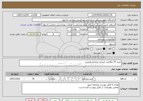 استعلام خرید 70 مگابایت اینترنت بربستر وایرلس