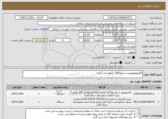 استعلام الکتروموتورپمپ شناور345 شهرستان گرمه 