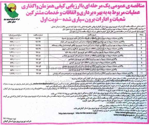 مناقصه عمومی , مناقصه واگذاری عملیات مربوط به بهره برداری و اتفاقات و خدمات مشترکین شعبات و ادارات ... 