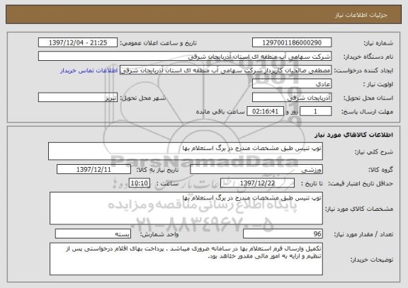 استعلام توپ تنیس طبق مشخصات مندرج در برگ استعلام بها