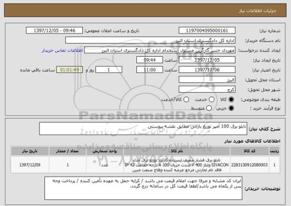 استعلام تابلو برق 100 آمپر توزیع بارانی مطابق نقشه پیوستی