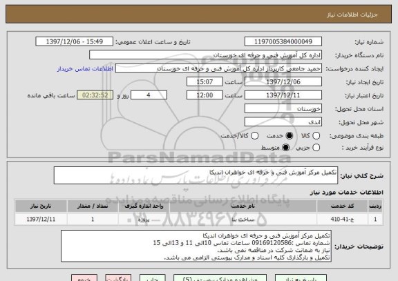 استعلام تکمیل مرکز آموزش فنی و حرفه ای خواهران اندیکا 