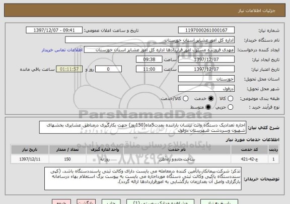 استعلام اجاره تعدادیک دستگاه وانت نیسان باراننده بمدت5ماه(150روز) جهت بکارگیری درمناطق عشایری بخشهای شهیون وسردشت شهرستان دزفول  