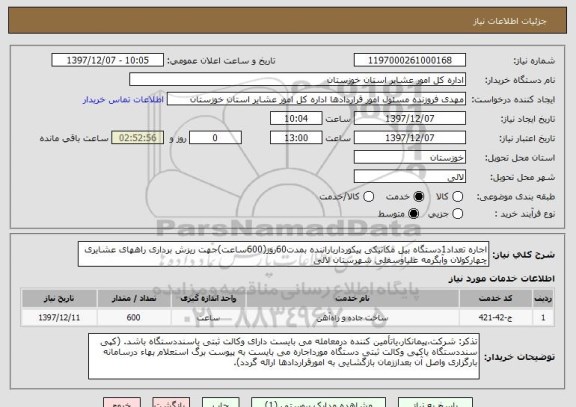 استعلام اجاره تعداد1دستگاه بیل مکانیکی پیکوردارباراننده بمدت60روز(600ساعت)جهت ریزش برداری راههای عشایری چهارکولان وآبگرمه علیاوسفلی شهرستان لالی  