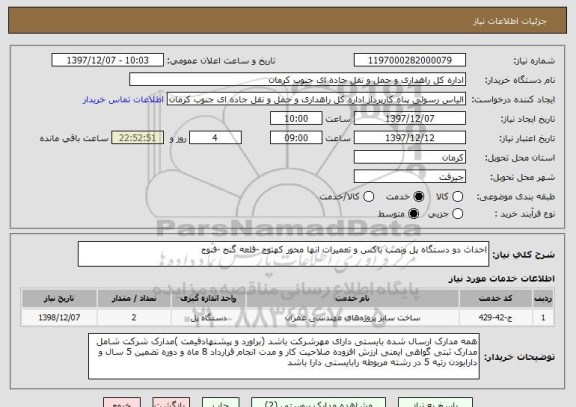 استعلام احداث دو دستگاه پل ونصب باکس و تعمیرات انها محور کهنوج -قلعه گنج -فنوج 