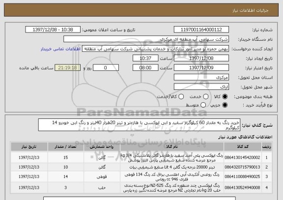 استعلام خرید رنگ به مقدار 60 کیلوگرم سفید و ابی اپوکسی با هاردنر و تینر 20هزار 40لیتر و رنگ ابی خودرو 14 کیلوگرم