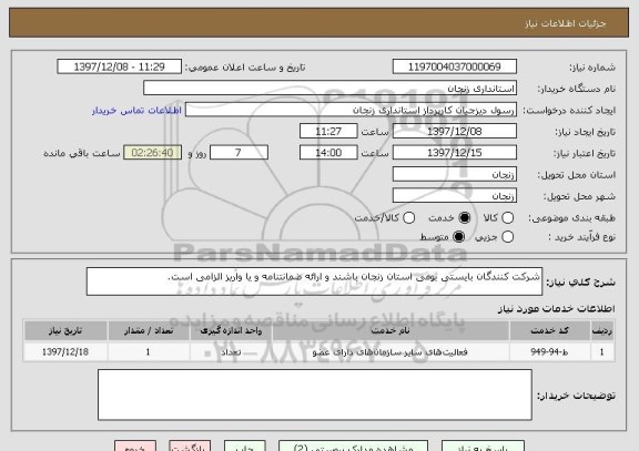 استعلام شرکت کنندگان بایستی بومی استان زنجان باشند و ارائه ضمانتنامه و یا واریز الزامی است.