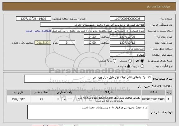 استعلام 29 بلوک رادیاتور پانلی ایران نوین طبق فایل پیوستی.