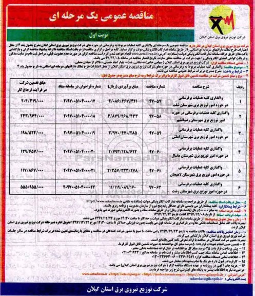 مناقصه عمومی , مناقصه واگذاری کلیه عملیات مربوط به برقرسانی