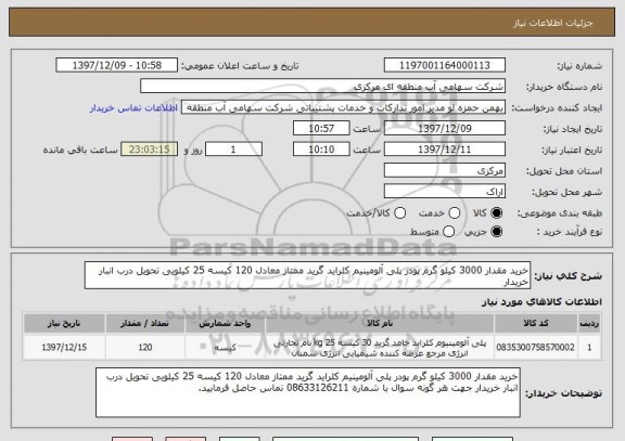 استعلام خرید مقدار 3000 کیلو گرم پودر پلی آلومینیم کلراید گرید ممتاز معادل 120 کیسه 25 کیلویی تحویل درب انبار خریدار