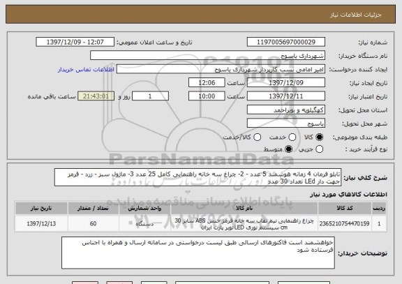 استعلام تابلو فرمان 4 زمانه هوشمند 5 عدد - 2- چراغ سه خانه راهنمایی کامل 25 عدد 3- ماژول سبز - زرد - قرمز جهت دار LEd تعداد 30 عدد