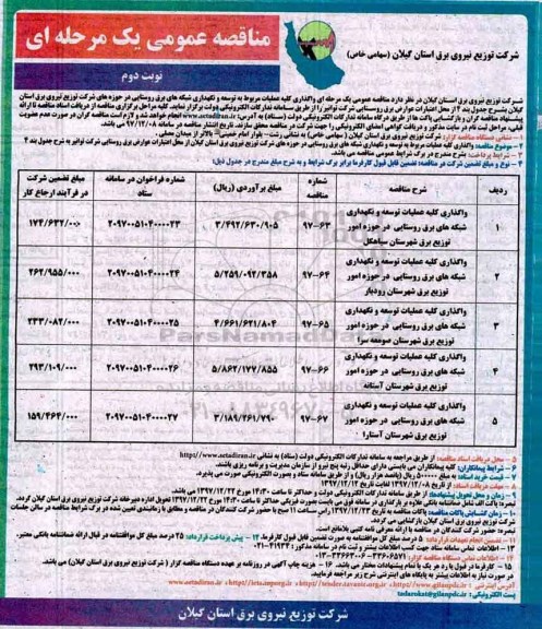 مناقصه عمومی , مناقصه توسعه و نگهداری شبکه های برق - نوبت دوم 