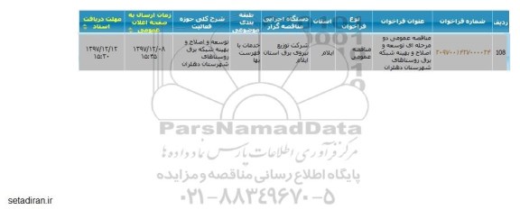 مناقصه , مناقصه توسعه و اصلاح و بهینه شبکه برق...