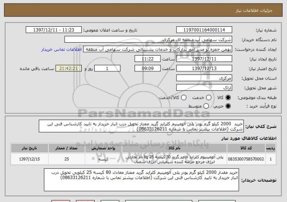 استعلام خرید  2000 کیلو گرم پودر پلی آلومینیم کلراید گرید ممتاز تحویل درب انبار خریدار به تایید کارشناس فنی این شرکت (اطلاعات بیشتر تماس با شماره 08633126211)