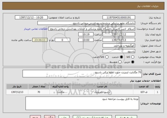 استعلام 70 مگابایت اینترنت جهت علوم پزکی یاسوج