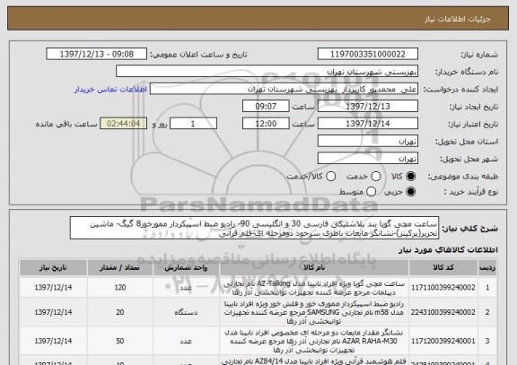 استعلام ساعت مچی گویا بند پلاستیکی فارسی 30 و انگلیسی 90- رادیو ضبط اسپیکردار ممورخور8 گیگ- ماشین تحریر(پرکینز)-نشانگر مایعات باطری سرخود دومرحله ای-فلم قرآنی