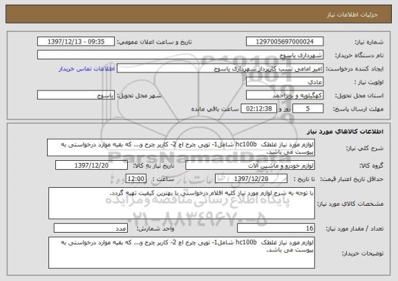 استعلام لوازم مورد نیاز غلطک  hc100b شامل1- توپی چرخ اچ 2- کاربر چرخ و... که بقیه موارد درخواستی به پیوست می باشد.