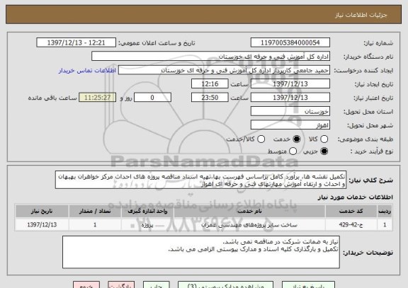 استعلام تکمیل نقشه ها، برآورد کامل براساس فهرست بها،تهیه اسناد مناقصه پروژه های احداث مرکز خواهران بهبهان و احداث و ارتقاء آموزش مهارتهای فنی و حرفه ای اهواز 