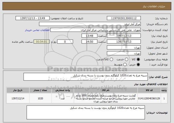 استعلام سینه مرغ به تعداد1020 کیلوگرم بدون پوست با بسته بندی شکیل