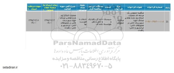 مناقصه ، مناقصه عملیات اصلاح زود بازده نقاط پر تصادف حوزه 