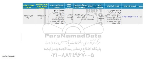 مناقصه ، مناقصه عملیات اصلاح زود بازده نقاط پر تصادف حوزه شهرستان سیستان