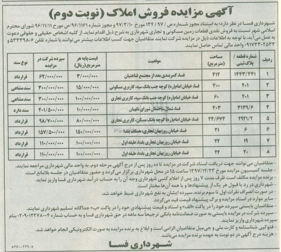 آگهی مزایده  مزایده فروش نقدی قطعات زمین مسکونی و تجاری نوبت دوم 