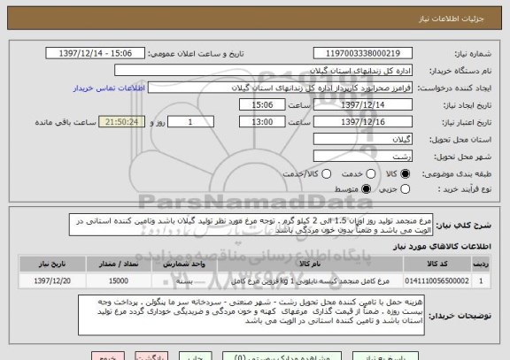 استعلام مرغ منجمد تولید روز اوزان 1.5 الی 2 کیلو گرم . توجه مرغ مورد نظر تولید گیلان باشد وتامین کننده استانی در الویت می باشد و ضمناً بدون خون مردگی باشد