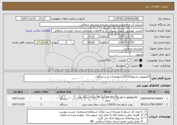 استعلام الکتروپمپ شناور152/23شهرستان راز و جرگلان 