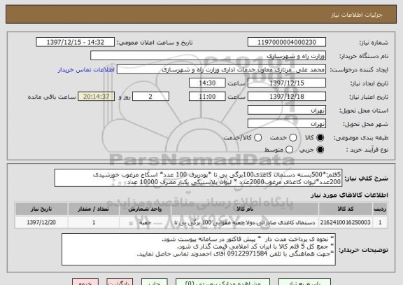 استعلام 5قلم:*500بسته دستمال کاغذی100برگی بی تا *پودربرف 100 عدد* اسکاج مرغوب خورشیدی 200عدد*لیوان کاغذی مرغوب2000عدد * لیوان پلاستیکی یکبار مصرف 10000 عدد