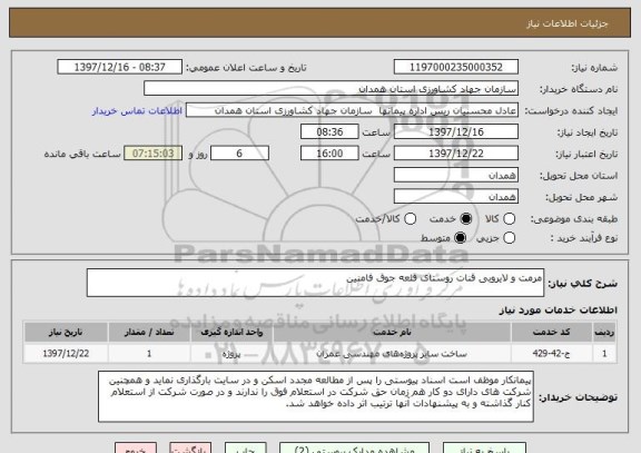 استعلام مرمت و لایروبی قنات روستای قلعه جوق فامنین