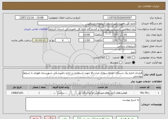 استعلام قرارداد اجاره یک دستگاه خودرو سواری مدل بالا جهت استفاده در اداره دامپزشکی شهرستان هوراند با شرایط پیوستی