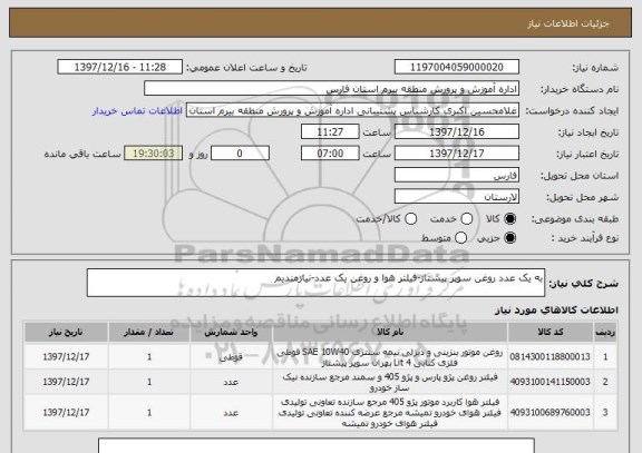 استعلام به یک عدد روغن سوپر پیشتاز-فیلتر هوا و روغن یک عدد-نیازمندیم