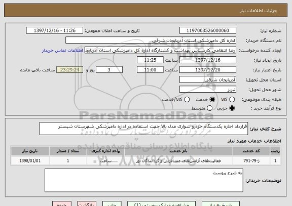 استعلام قرارداد اجاره یکدستگاه خودرو سواری مدل بالا جهت استفاده در اداره دامپزشکی شهرستان شبستر