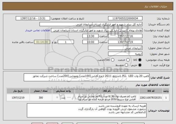 استعلام لامپ 20 وات PLL  LED باسرپیچ 2G11 ازنوع آفتابی(100عدد) ومهتابی(200عدد) ساخت شرکت نمانور 