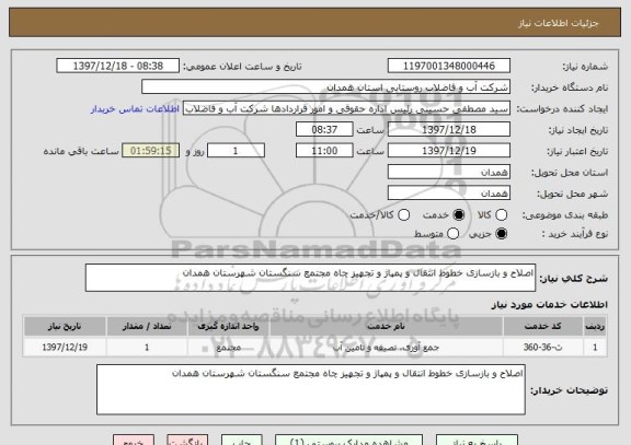 استعلام اصلاح و بازسازی خطوط انتقال و پمپاژ و تجهیز چاه مجتمع سنگستان شهرستان همدان