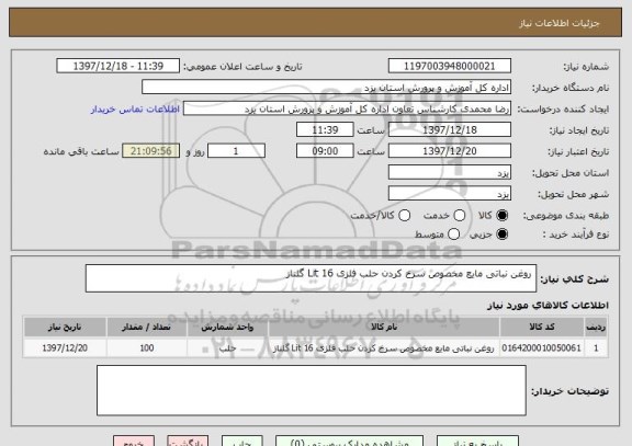 استعلام  روغن نباتی مایع مخصوص سرخ کردن حلب فلزی 16 Lit گلناز 