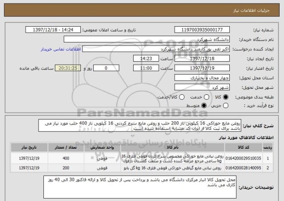 استعلام روغن مایع خوراکی 16 کیلویی ناز 200 حلب و روغن مایع سرخ کردنی 16 کیلویی ناز 400 حلب مورد نیاز می باشد برای ثبت کالا از ایران کد مشابه استفاده شده است