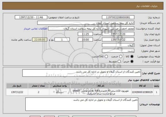 استعلام تامین کنندگان از استان گیلان و تحویل در اداره کل می باشد